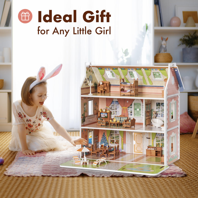 Wooden dollhouse for kids outlet